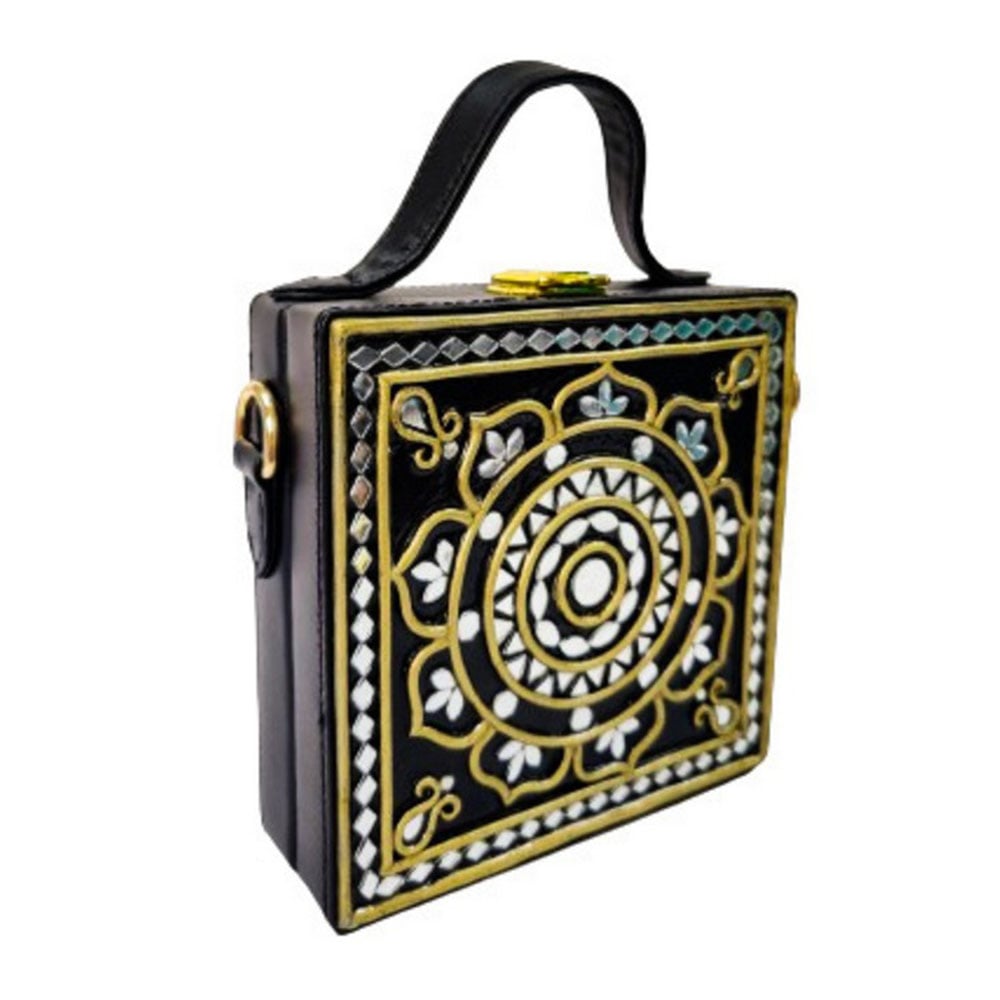 Handmade Vegan Leather Black Lippan Mirror Sling Bag